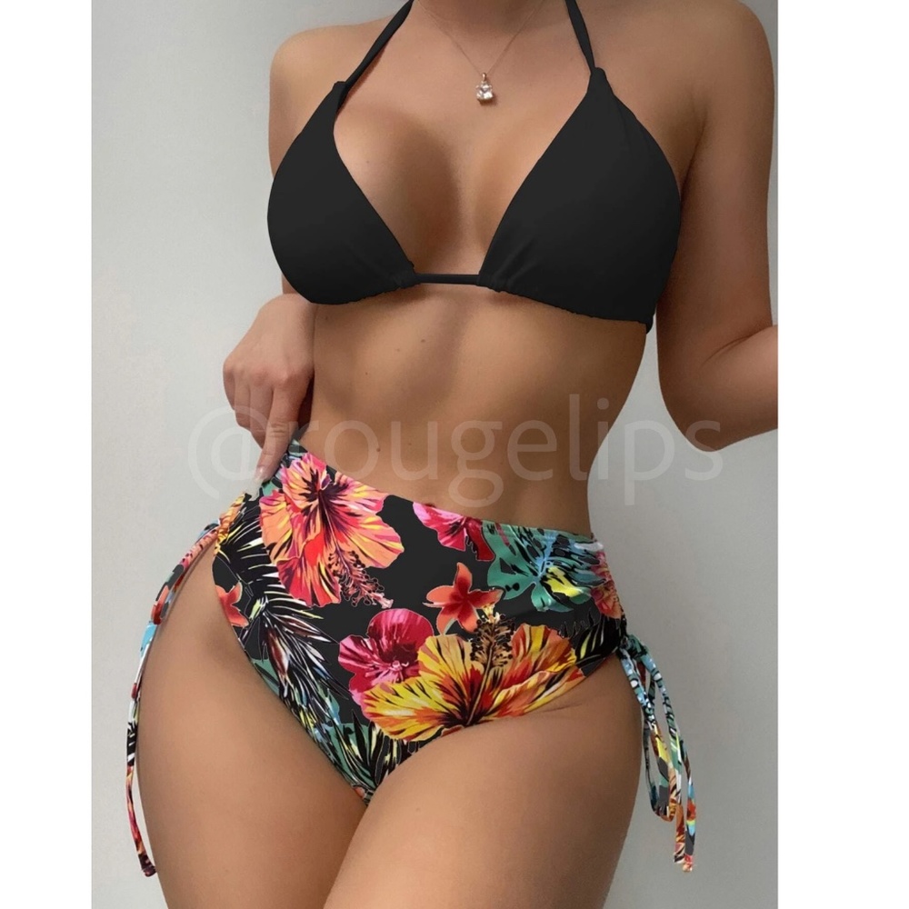 3 Piece Tropical Print Swimwear Set Kimono Floral Black Bikini Swimsuit - Picture 4 of 7